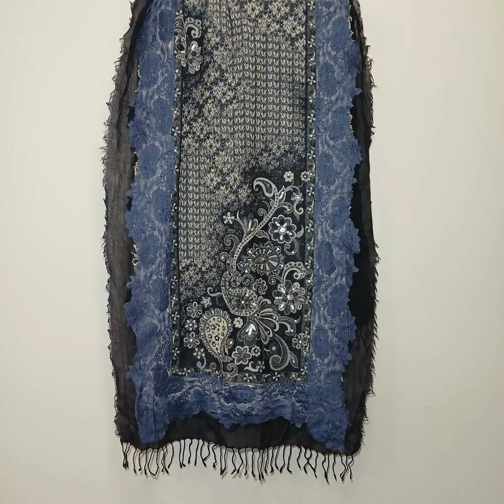 Handmade fine 100% wool womens long scarf paisley blue black fringe patchwork